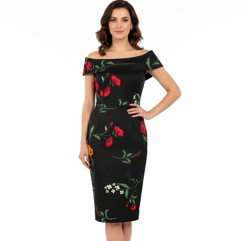 Calvin Klein Off Shoulder Floral Midi Dress Sz 6